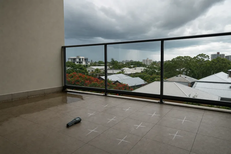 A moisture meter resting on a tiled balcony floor beside chalk test marks, water ponded against the wall where the floor falls the wrong way, a summer storm front building beyond — illustrative example