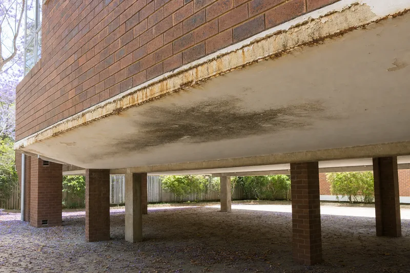 The underside of a concrete balcony on a red-brick walk-up showing a dark damp plume, rust-brown staining along the drip edge and blistered paint at the perimeter — illustrative example