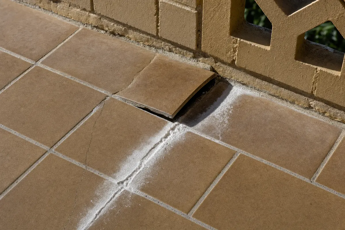 An aged tiled balcony floor with cracked grout lines, one tile lifted and tented at the perimeter, and white lime bloom weeping from a joint — illustrative example